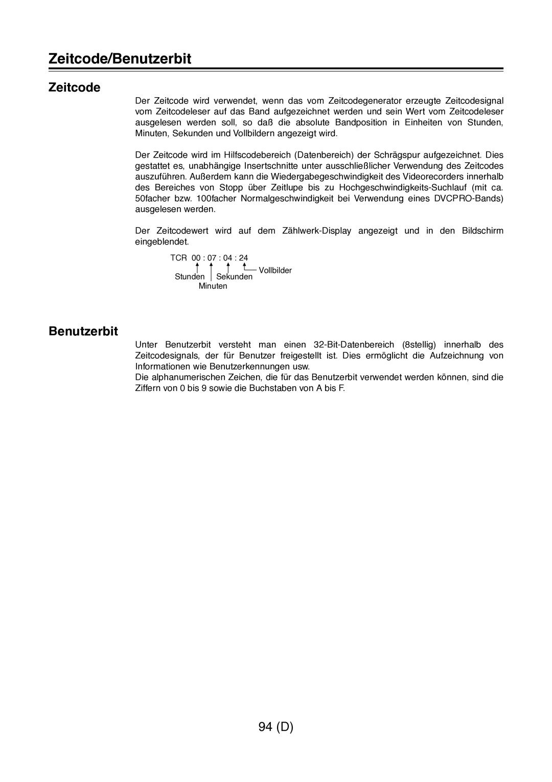 Panasonic AJ-D960 operating instructions Zeitcode/Benutzerbit 