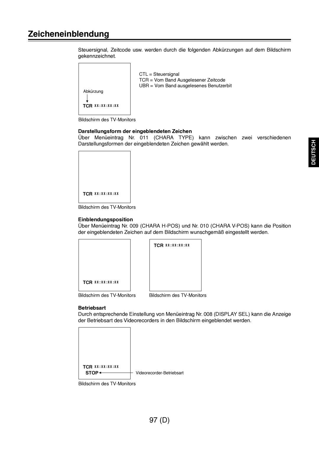 Panasonic AJ-D960 Zeicheneinblendung, Darstellungsform der eingeblendeten Zeichen, Einblendungsposition, Betriebsart, Tcr 