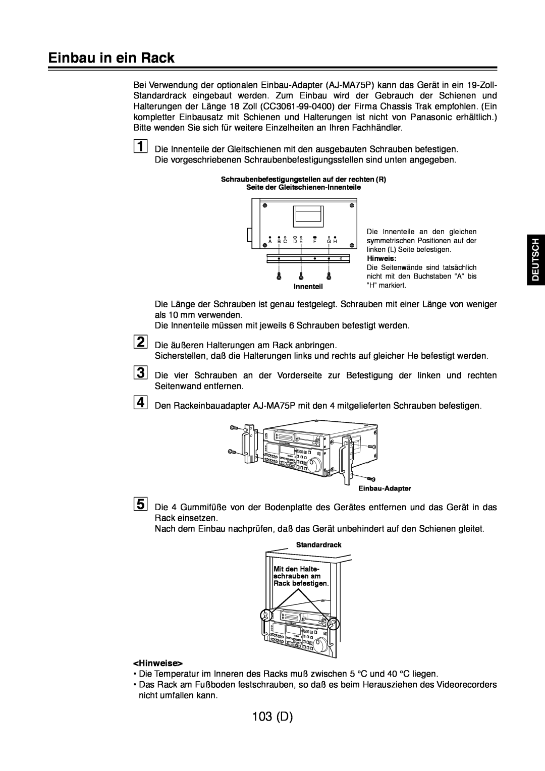 Panasonic AJ-D960 operating instructions Einbau in ein Rack, 103 D, Deutsch, Hinweise 