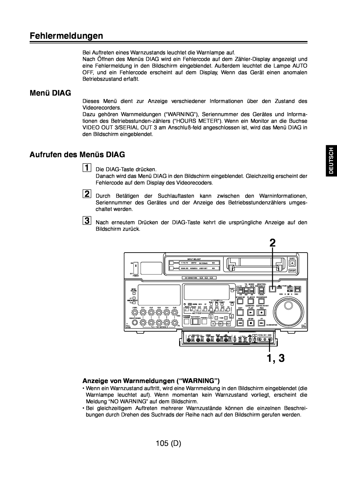 Panasonic AJ-D960 Fehlermeldungen, Menü DIAG, Aufrufen des Menüs DIAG, 105 D, Anzeige von Warnmeldungen “WARNING”, Deutsch 