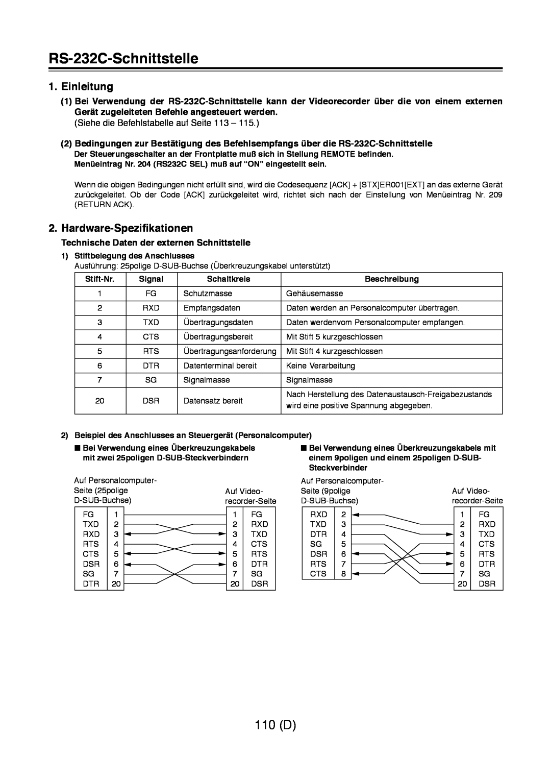 Panasonic AJ-D960 operating instructions RS-232C-Schnittstelle, 110 D, Einleitung, Hardware-Spezifikationen 