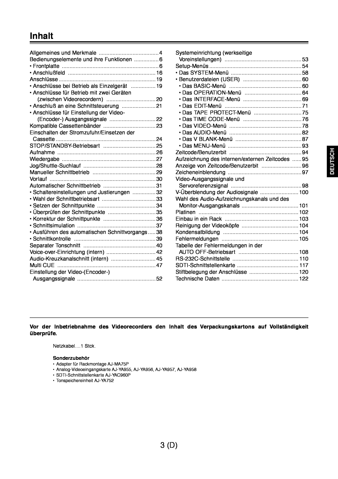 Panasonic AJ-D960 operating instructions Inhalt, Deutsch 