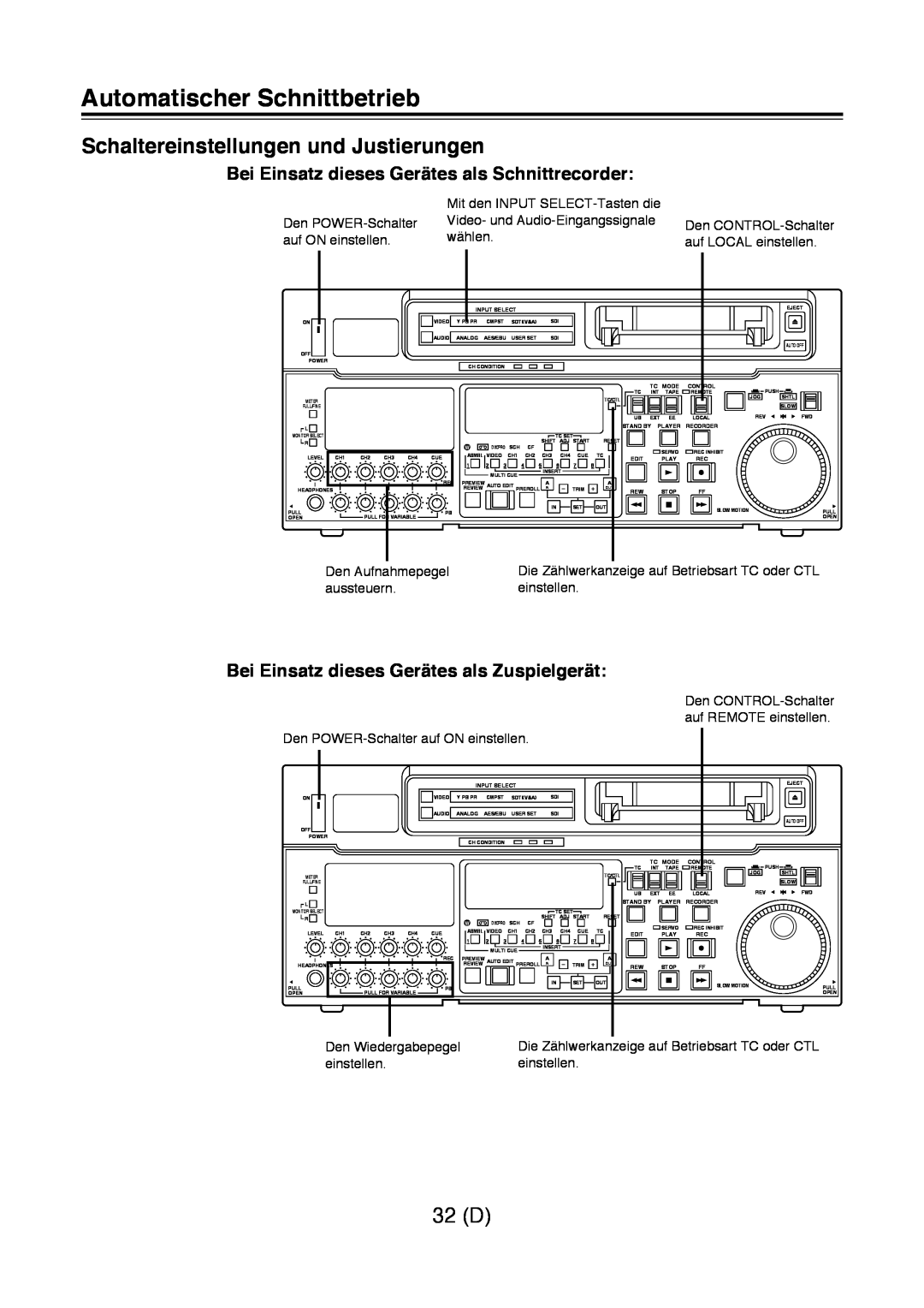 Panasonic AJ-D960 operating instructions Automatischer Schnittbetrieb, Schaltereinstellungen und Justierungen, 32 D 