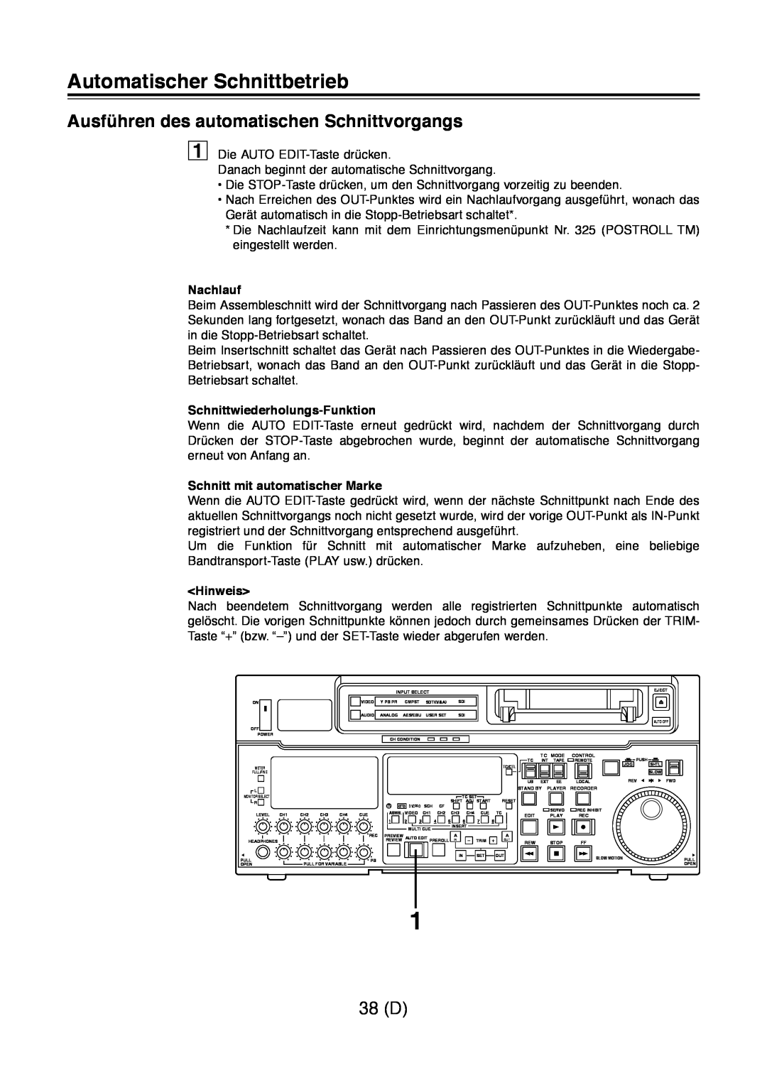Panasonic AJ-D960 Ausführen des automatischen Schnittvorgangs, 38 D, Nachlauf, Schnittwiederholungs-Funktion, Hinweis 