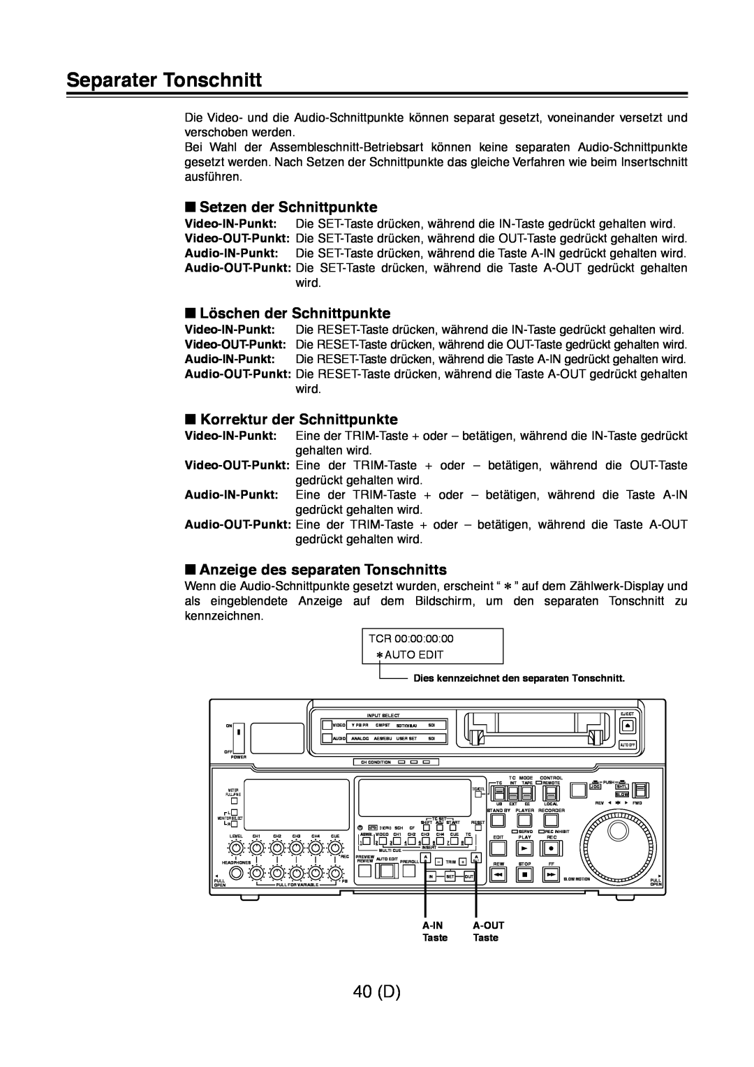 Panasonic AJ-D960 operating instructions Separater Tonschnitt, 40 D, Setzen der Schnittpunkte, Löschen der Schnittpunkte 
