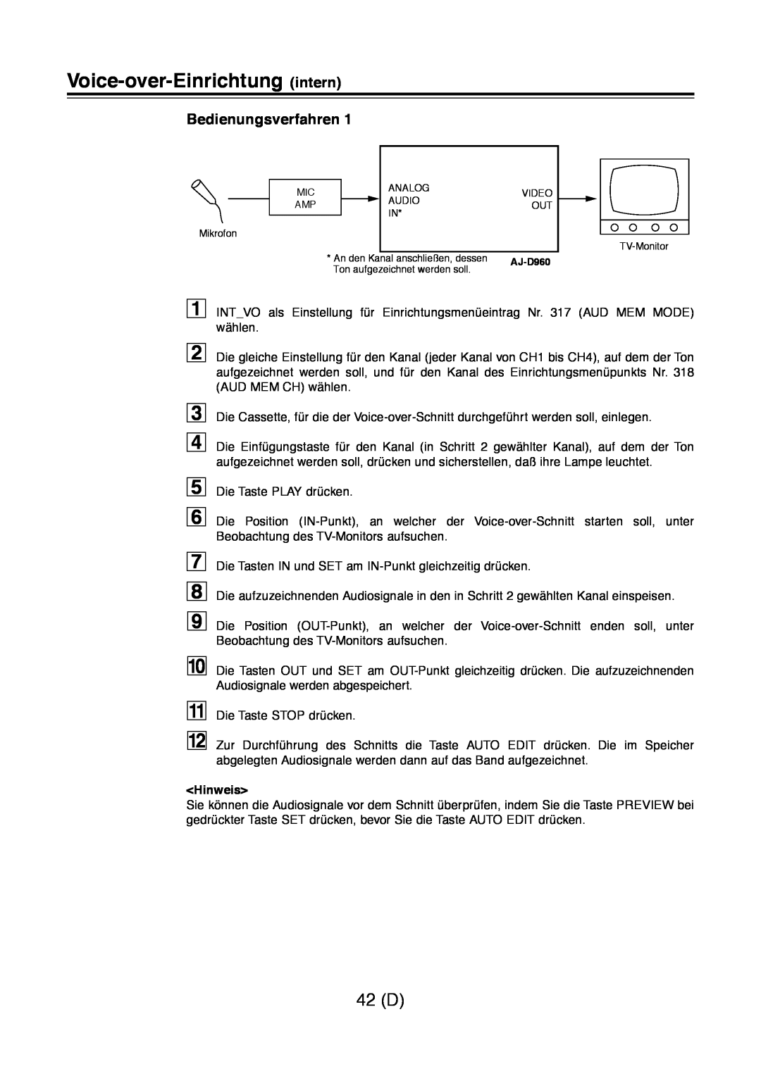 Panasonic AJ-D960 operating instructions Voice-over-Einrichtung intern, 42 D, Bedienungsverfahren, Hinweis 