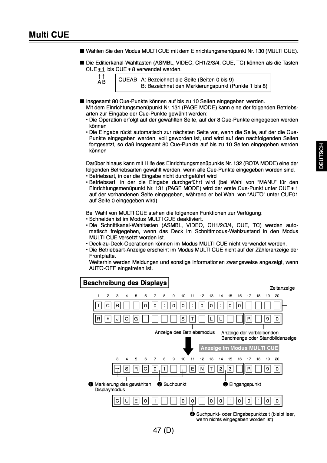 Panasonic AJ-D960 operating instructions Multi CUE, 47 D, Beschreibung des Displays, Deutsch 