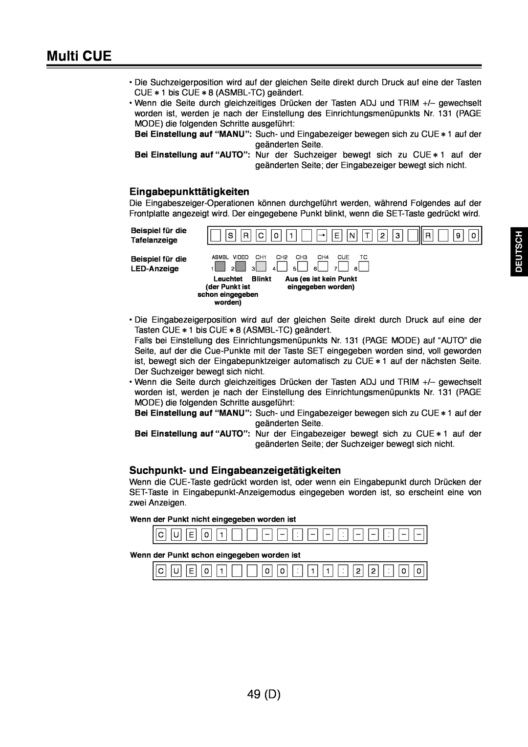 Panasonic AJ-D960 49 D, Eingabepunkttätigkeiten, Suchpunkt- und Eingabeanzeigetätigkeiten, Multi CUE, Deutsch 