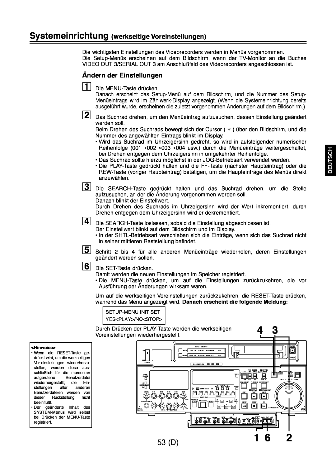 Panasonic AJ-D960 53 D, Systemeinrichtung werkseitige Voreinstellungen, Ändern der Einstellungen, Deutsch 
