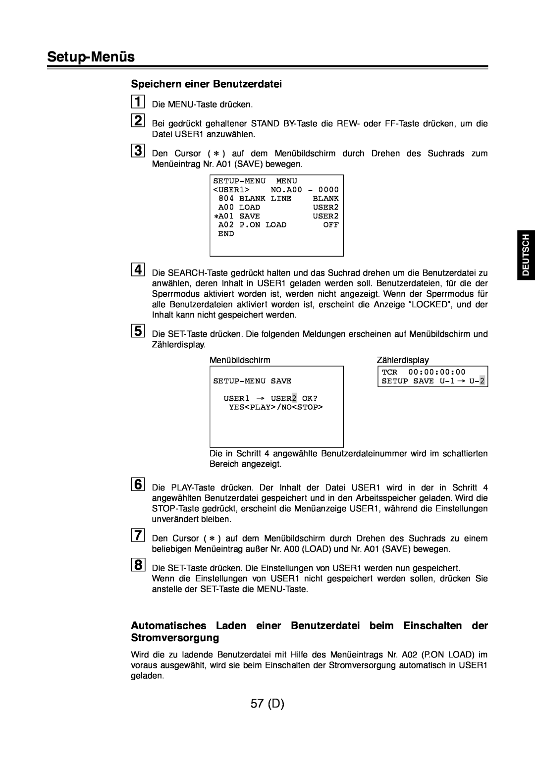 Panasonic AJ-D960 operating instructions 57 D, Speichern einer Benutzerdatei, Setup-Menüs, Deutsch 