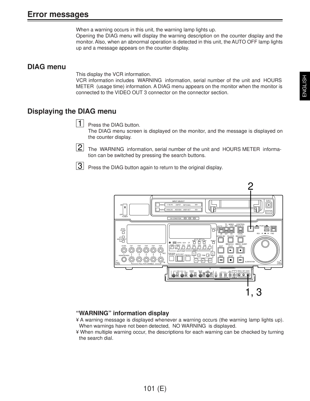 Panasonic AJ-D960EG manual Error messages, Displaying the Diag menu 