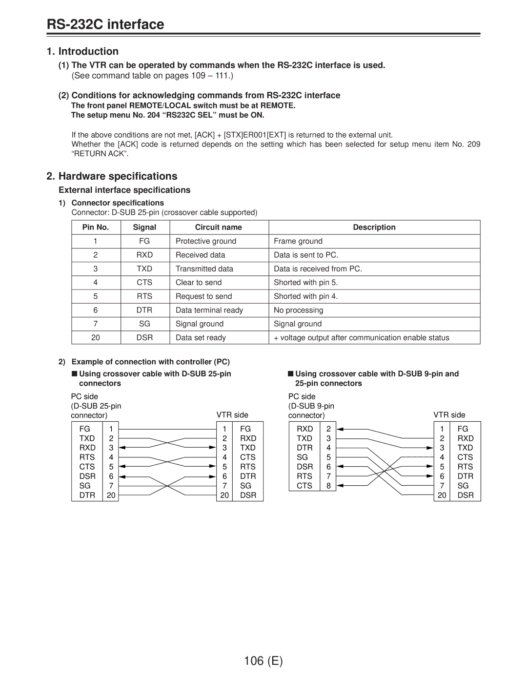 Panasonic AJ-D960EG manual RS-232C interface, Introduction, Hardware specifications, External interface specifications 