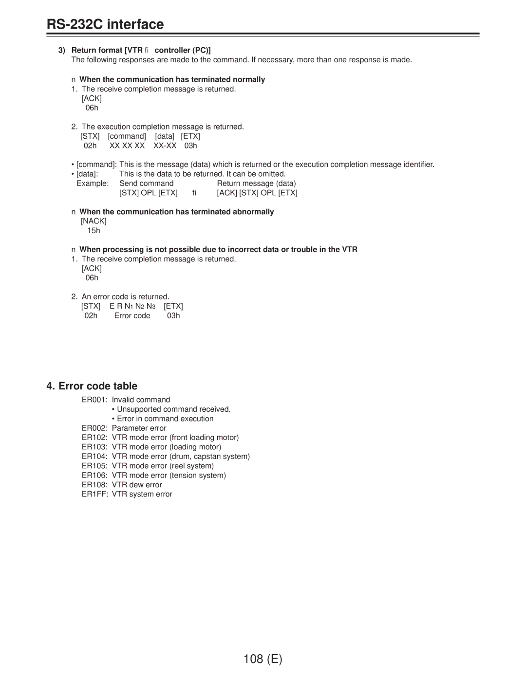 Panasonic AJ-D960EG manual Error code table, Return format VTR → controller PC, Stx Opl Etx Ack Stx Opl Etx 