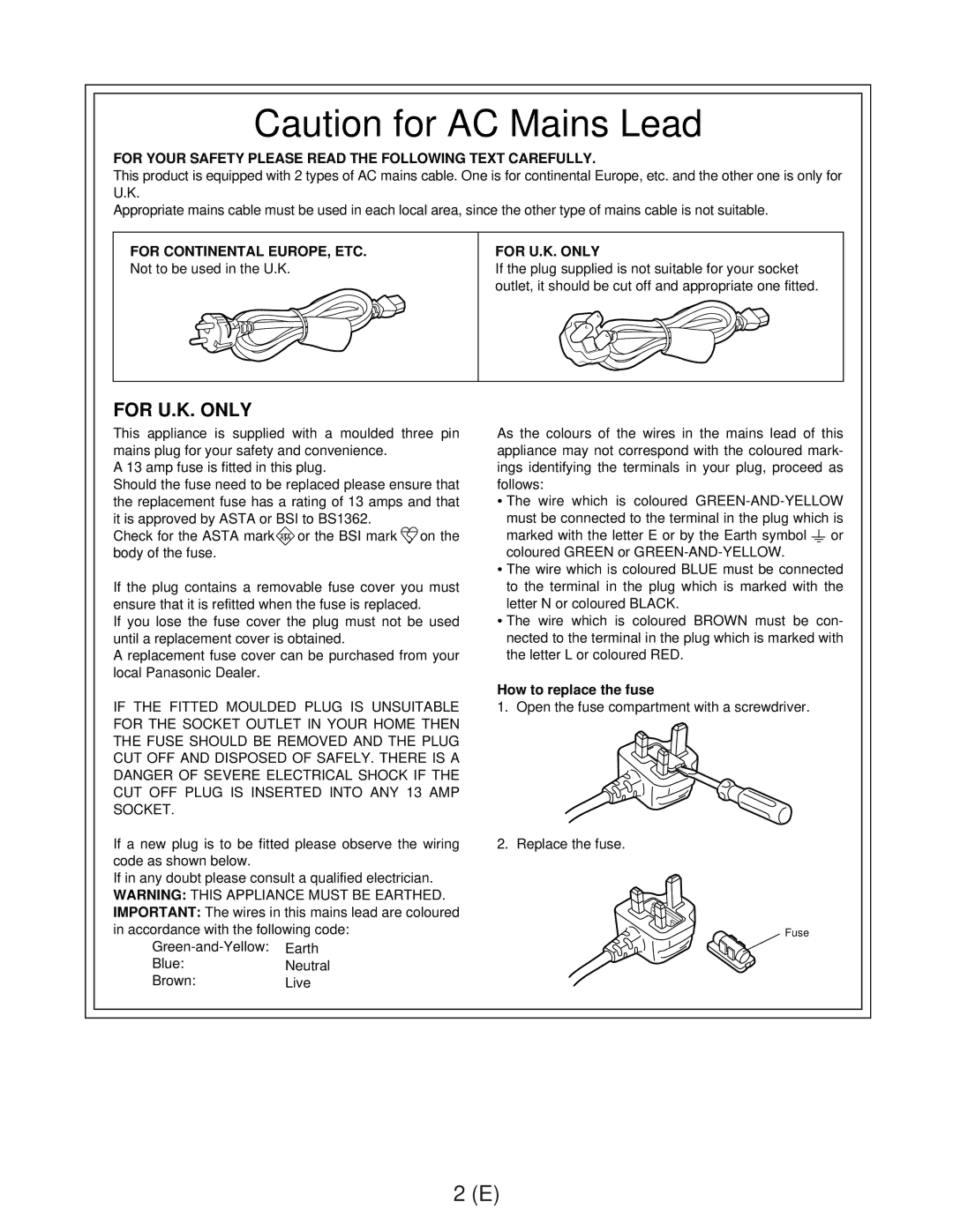 Panasonic AJ-D960EG manual For U.K. only, Not to be used in the U.K, How to replace the fuse 