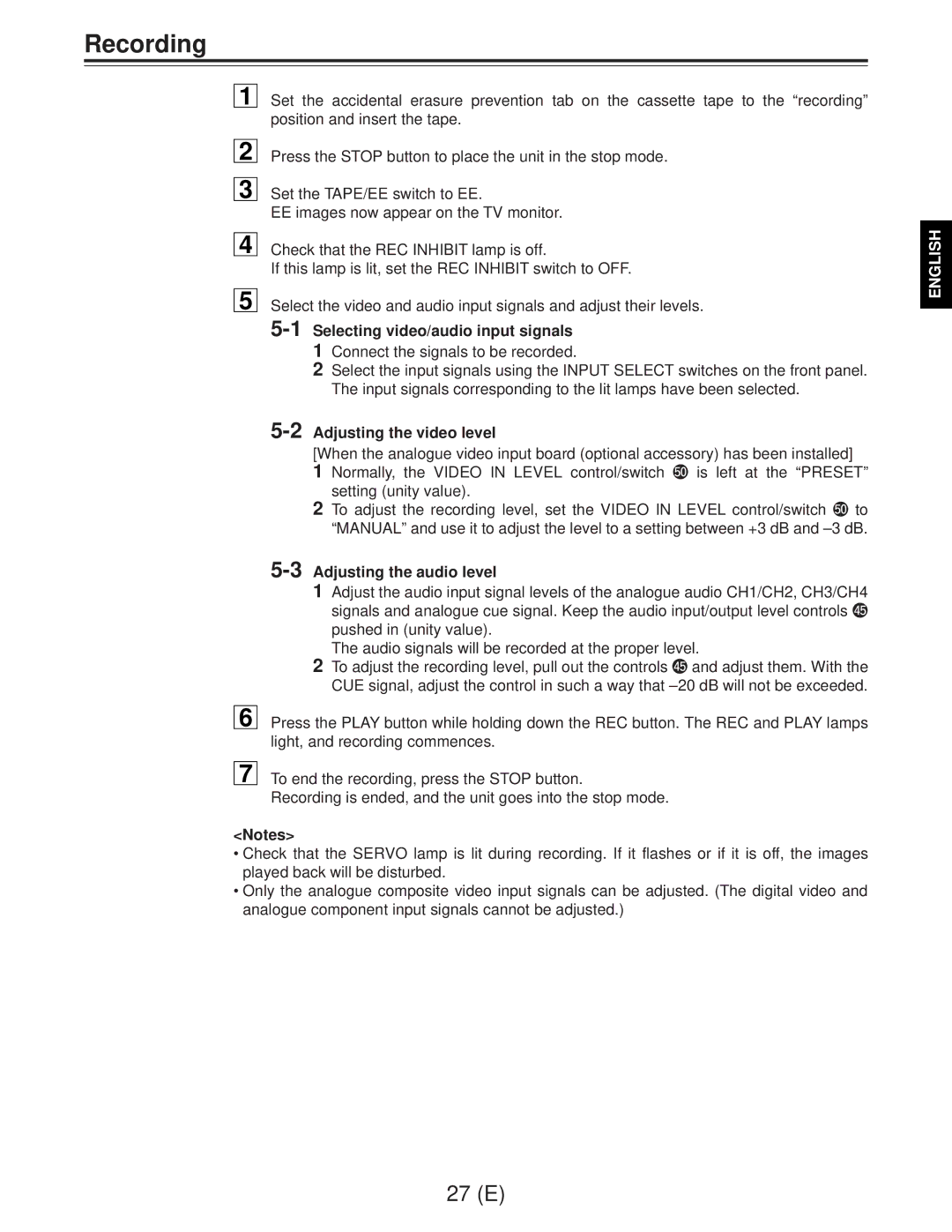 Panasonic AJ-D960EG Recording, Selecting video/audio input signals, Adjusting the video level, Adjusting the audio level 