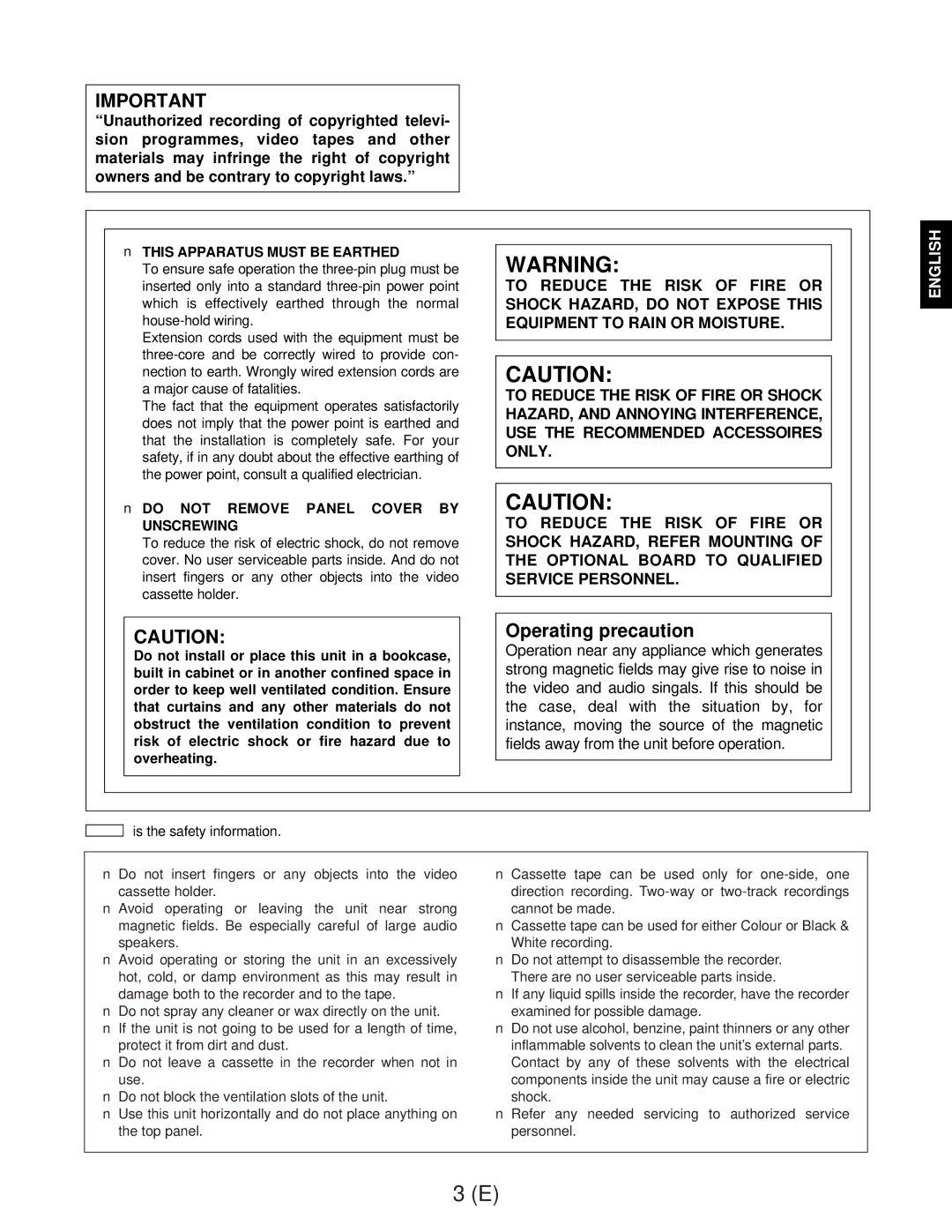 Panasonic AJ-D960EG manual Operating precaution, Damage both to the recorder and to the tape 