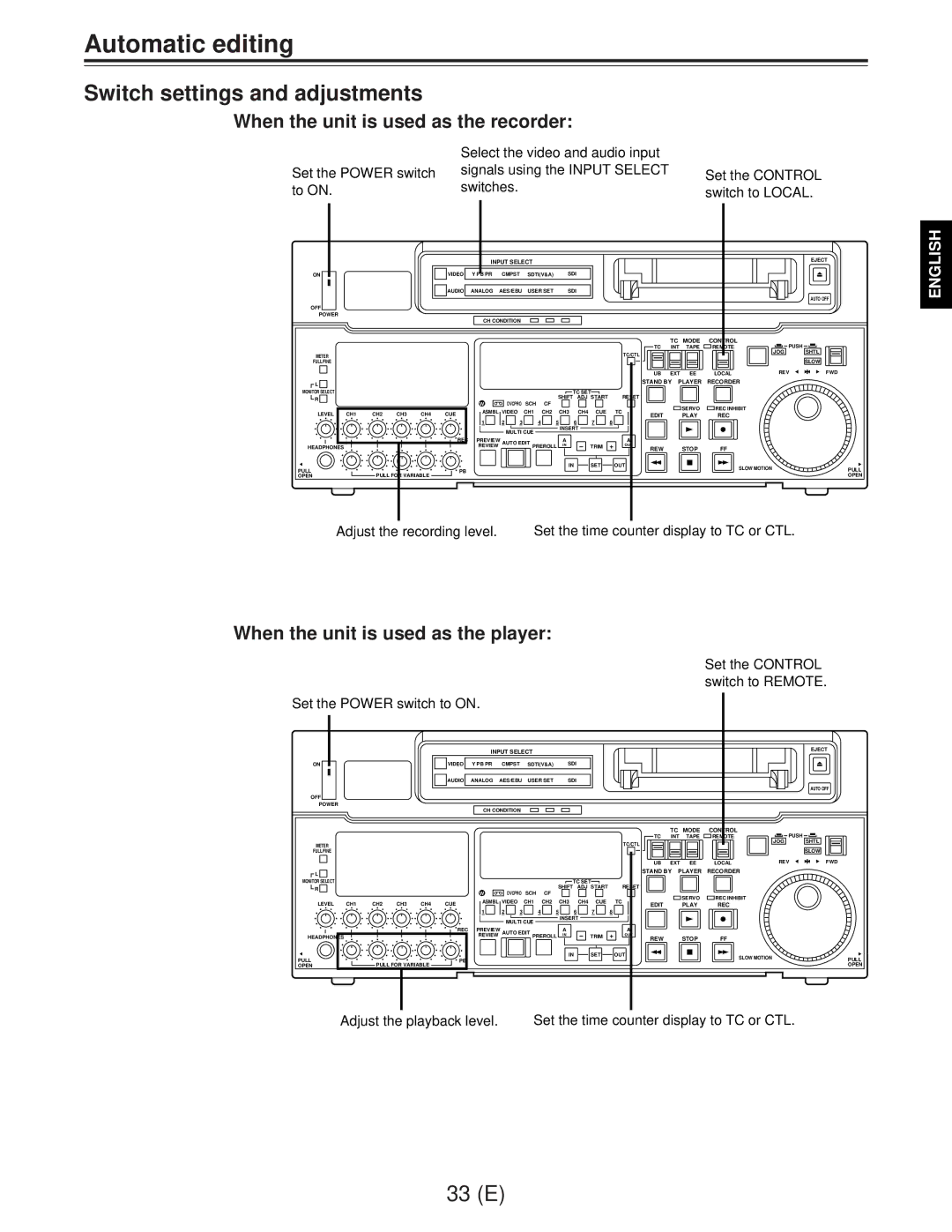 Panasonic AJ-D960EG manual Automatic editing, Switch settings and adjustments, When the unit is used as the recorder 