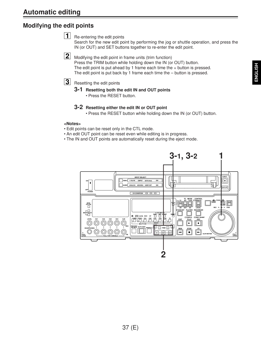 Panasonic AJ-D960EG manual Modifying the edit points, Resetting both the edit in and OUT points 