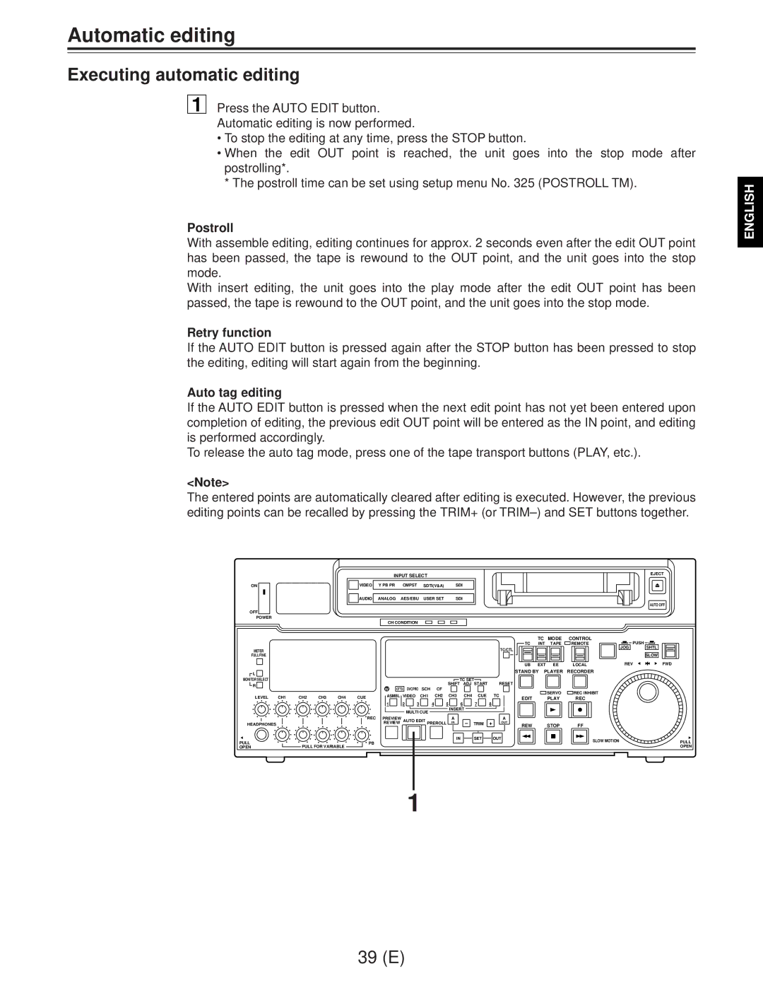 Panasonic AJ-D960EG manual Executing automatic editing, Postroll, Retry function, Auto tag editing 