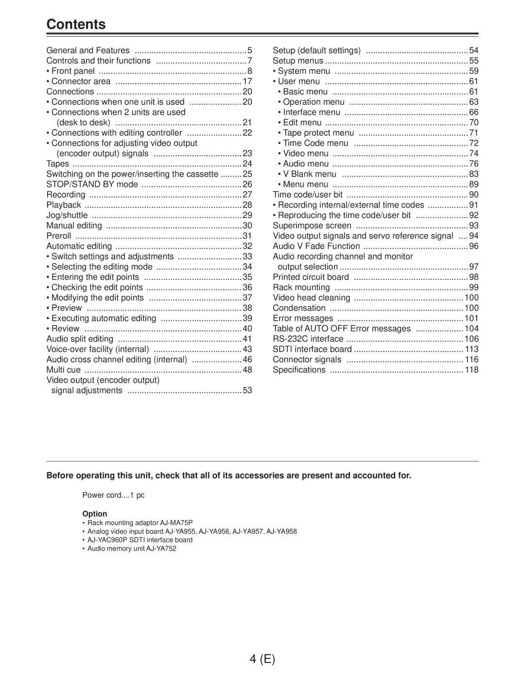 Panasonic AJ-D960EG manual Contents 