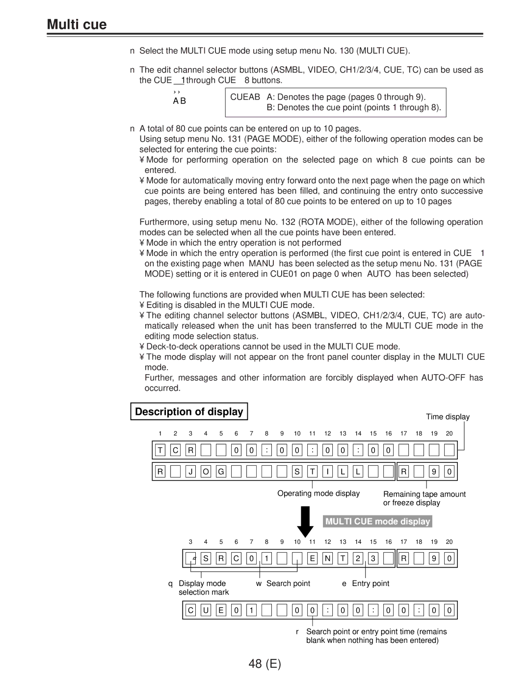 Panasonic AJ-D960EG manual Multi cue, Description of display, I L L 