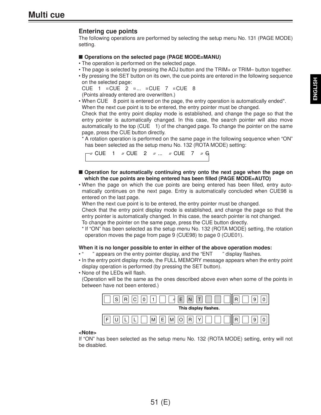 Panasonic AJ-D960EG manual Entering cue points, Operations on the selected page page MODE=MANU, M O R 