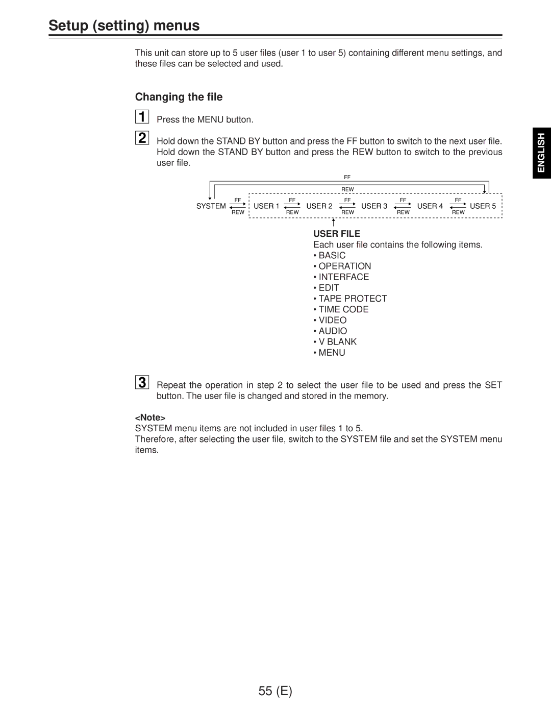 Panasonic AJ-D960EG manual Setup setting menus, Changing the file 