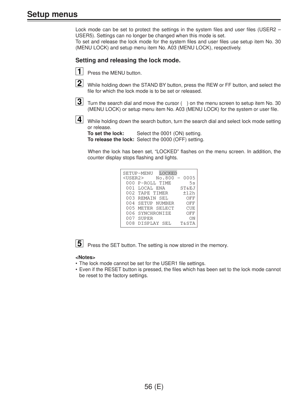 Panasonic AJ-D960EG manual Setup menus, Setting and releasing the lock mode 