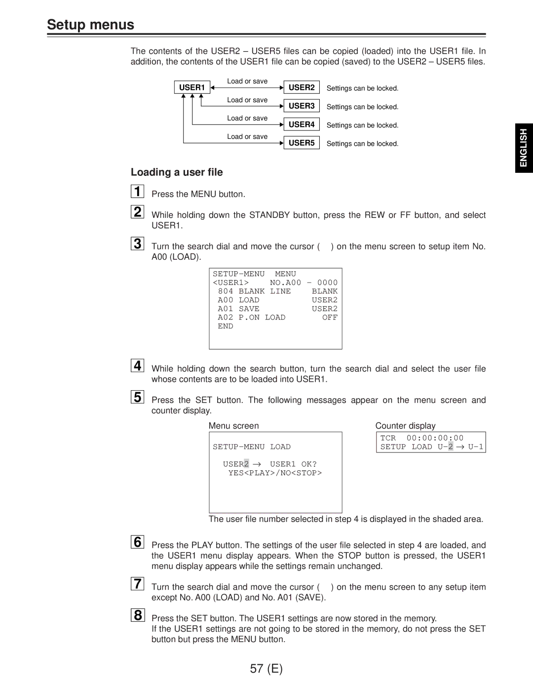 Panasonic AJ-D960EG manual Loading a user file, USER1 