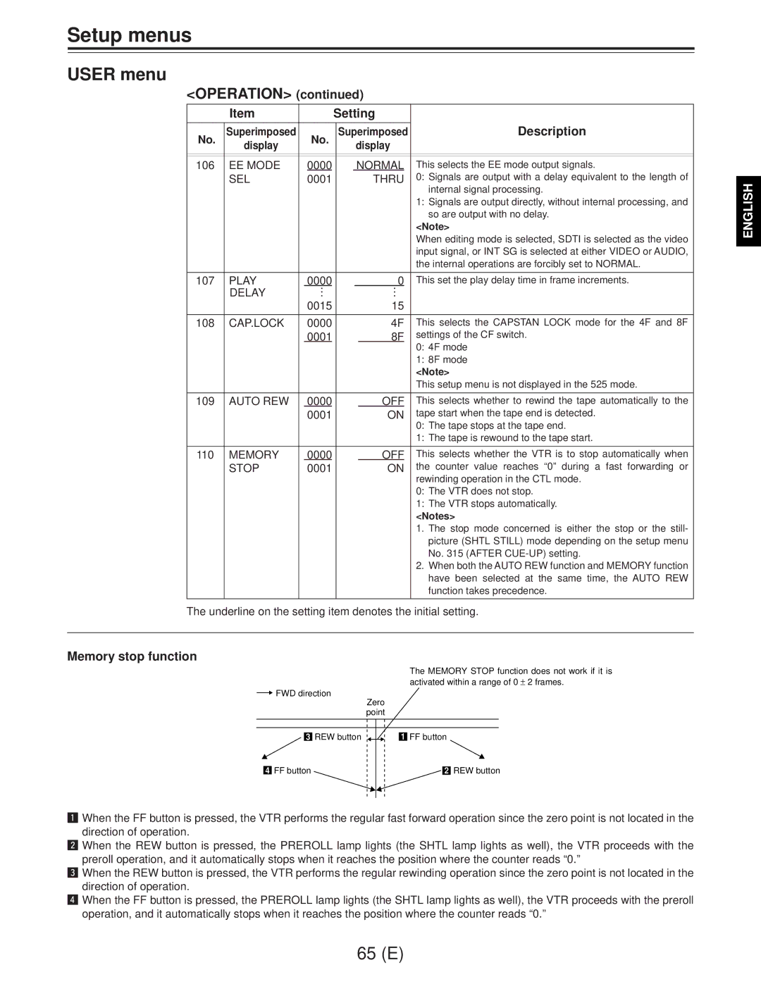 Panasonic AJ-D960EG manual Operation, Memory stop function 