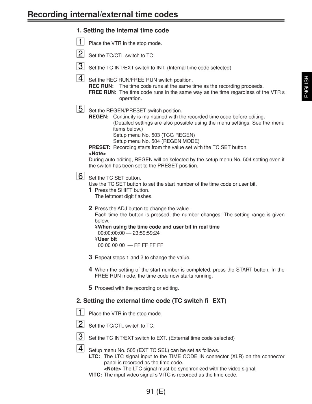 Panasonic AJ-D960EG manual Recording internal/external time codes, Setting the internal time code 