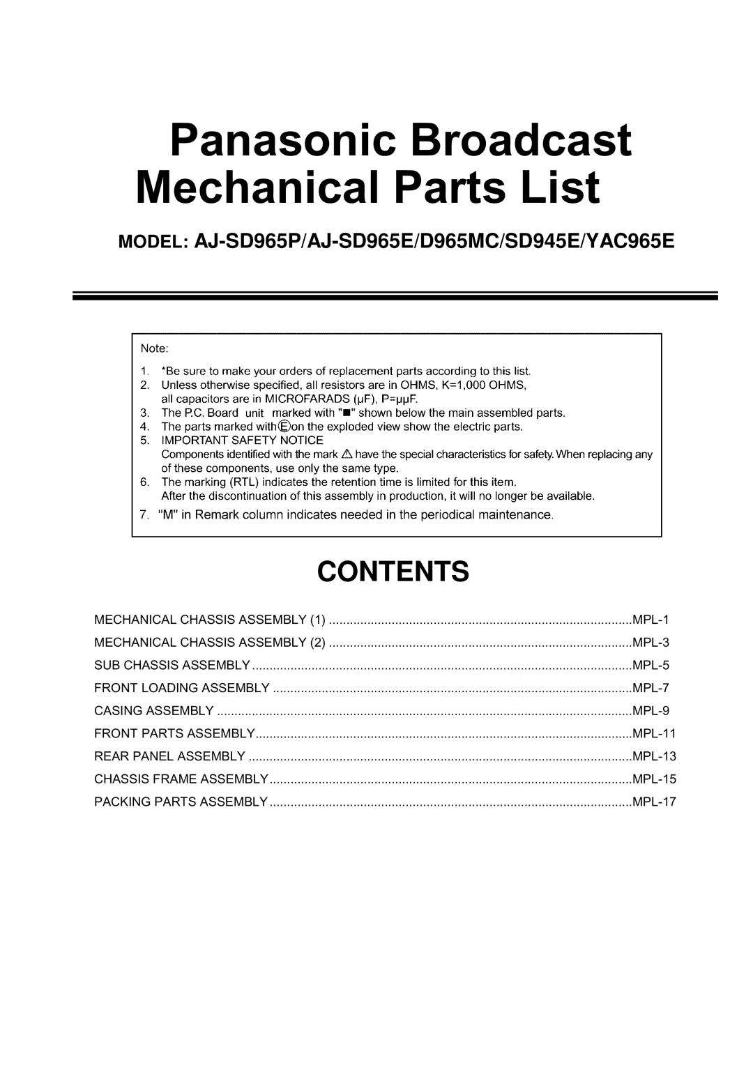 Panasonic AJ-SD945E, AJ-D965MC, AJ-SD965E, AJ-YAC965E manual Panasonic Broadcast Mechanical Parts List 