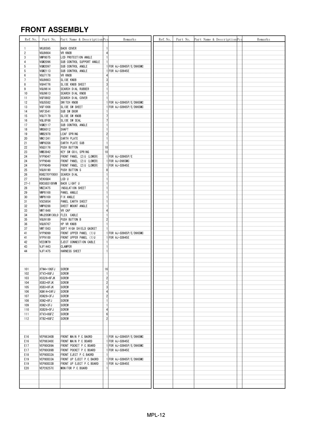 Panasonic AJ-SD945E, AJ-D965MC, AJ-SD965E, AJ-YAC965E manual Front Assembly 