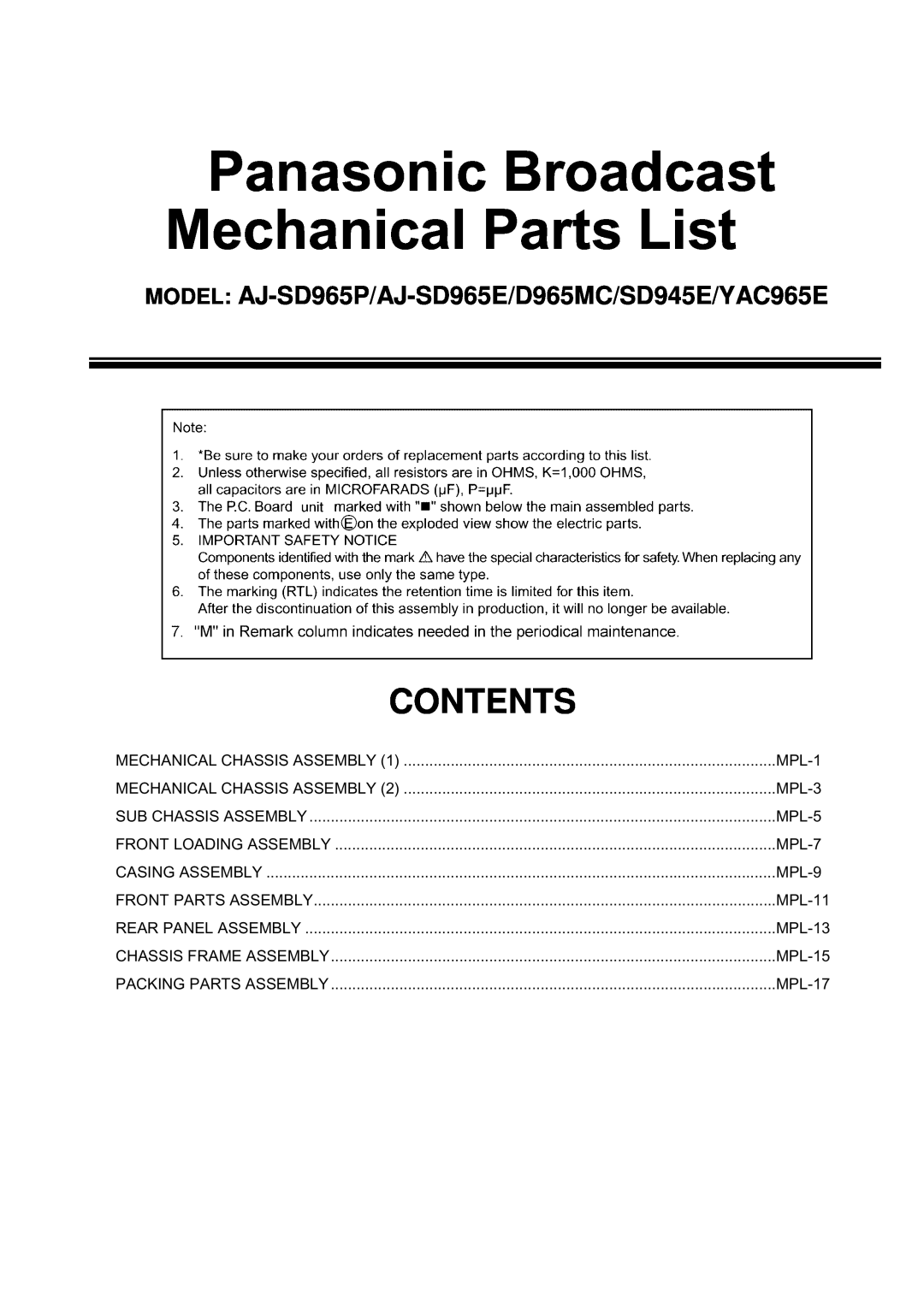 Panasonic AJ-SD945E manual Mechanical Chassis Assembly, MPL-5, MPL-7, MPL-9, MPL-11, MPL-13, MPL-15, MPL-17, Contents 