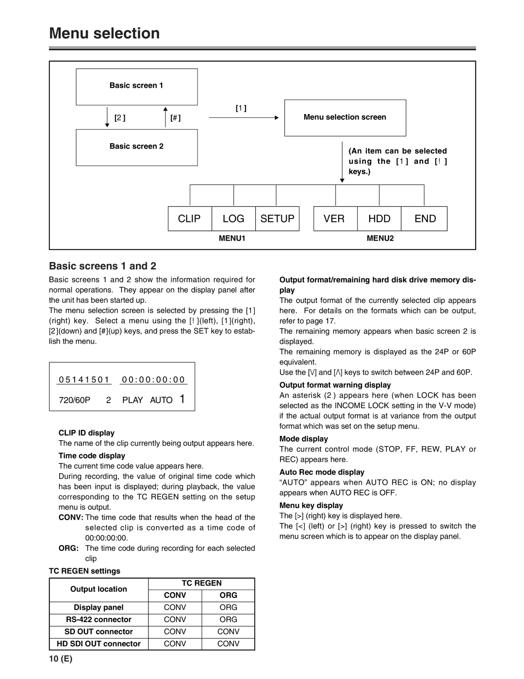 Panasonic AJ-FRC27E manual Menu selection, Basic screens 1, Play Auto 