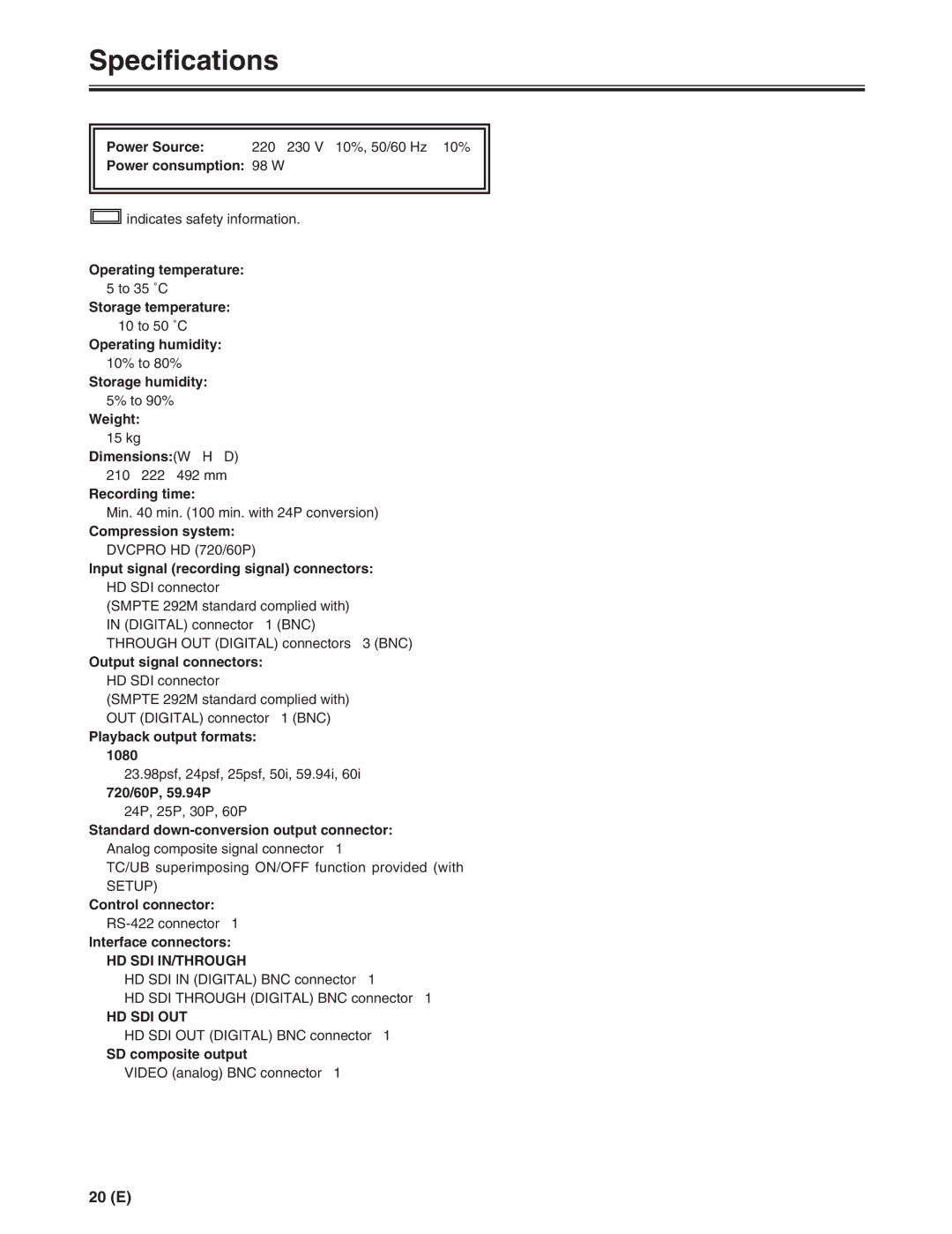 Panasonic AJ-FRC27E manual Specifications, Hd Sdi In/Through, Hd Sdi Out 