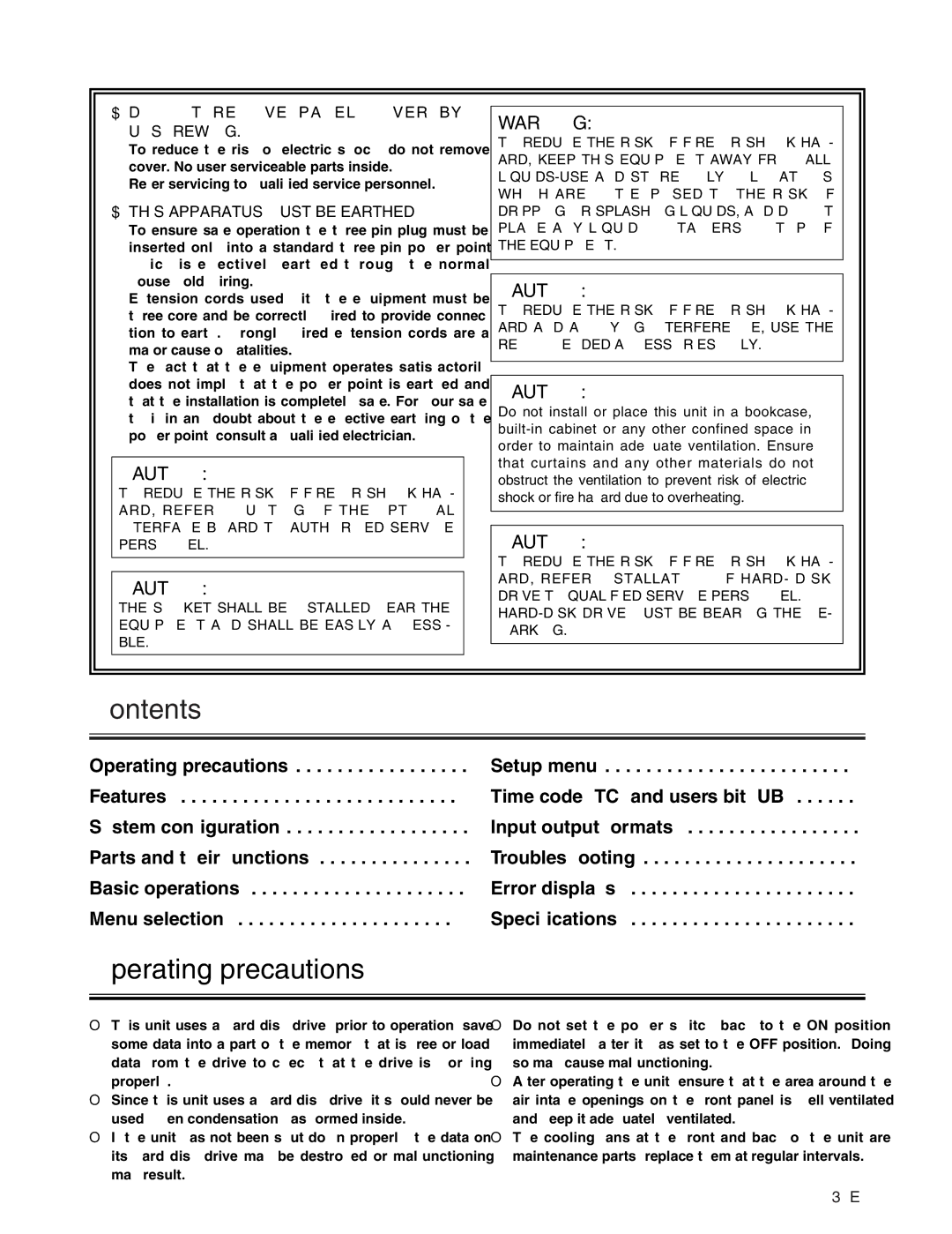 Panasonic AJ-FRC27E manual Contents, Operating precautions 