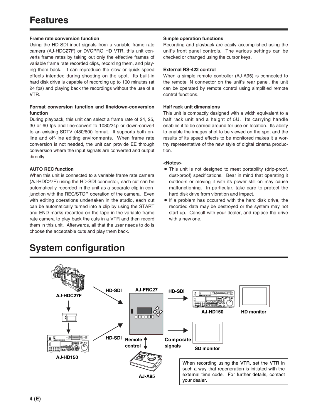 Panasonic AJ-FRC27E manual Features, System configuration, AJ-HDC27F HD-SDI AJ-FRC27 