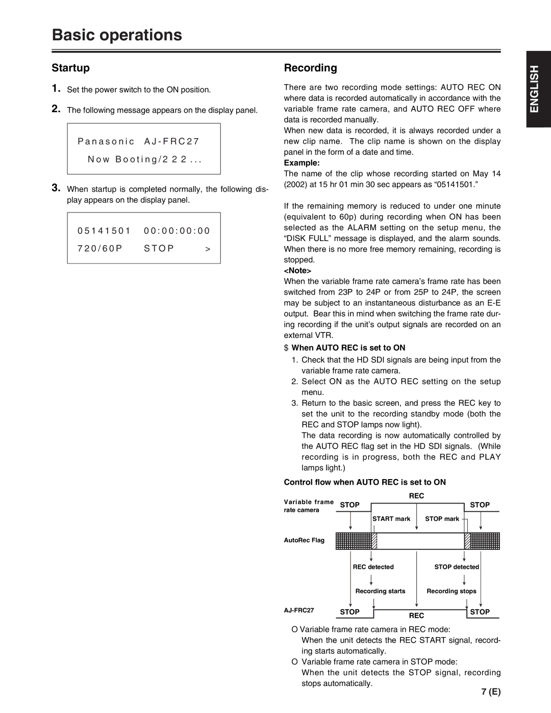 Panasonic AJ-FRC27E manual Basic operations, Startup, Recording 