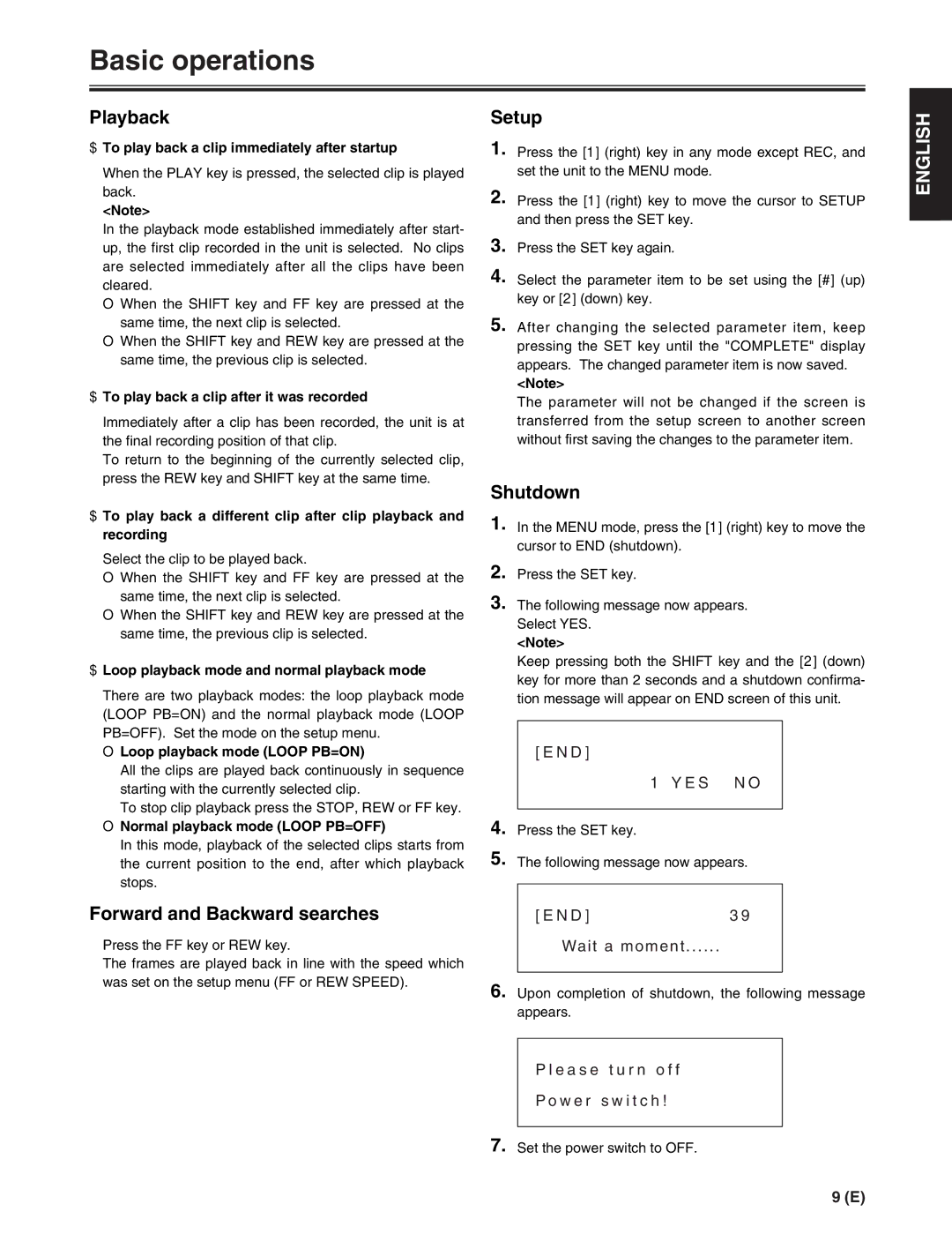 Panasonic AJ-FRC27E manual Playback, Forward and Backward searches, Setup, Shutdown 