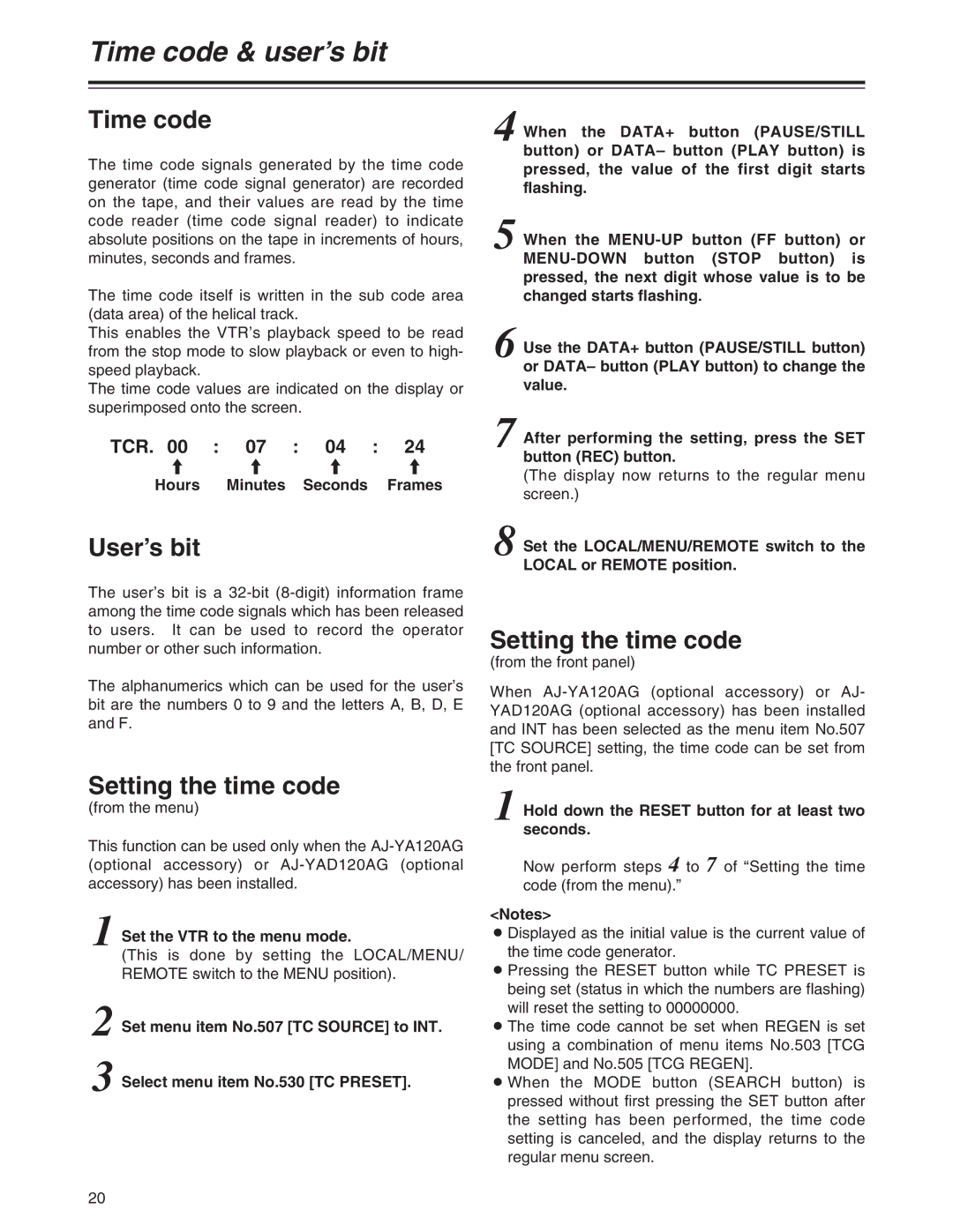 Panasonic AJ-HD1200A operating instructions Time code & user’s bit, User’s bit, Setting the time code, Tcr 