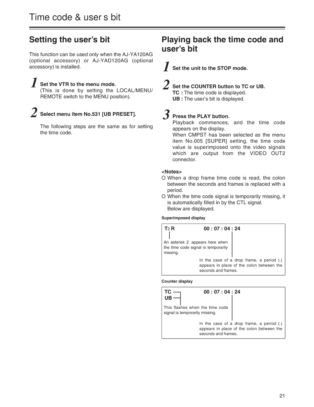 Panasonic AJ-HD1200A Setting the user’s bit, Playing back the time code and user’s bit, Select menu item No.531 UB Preset 