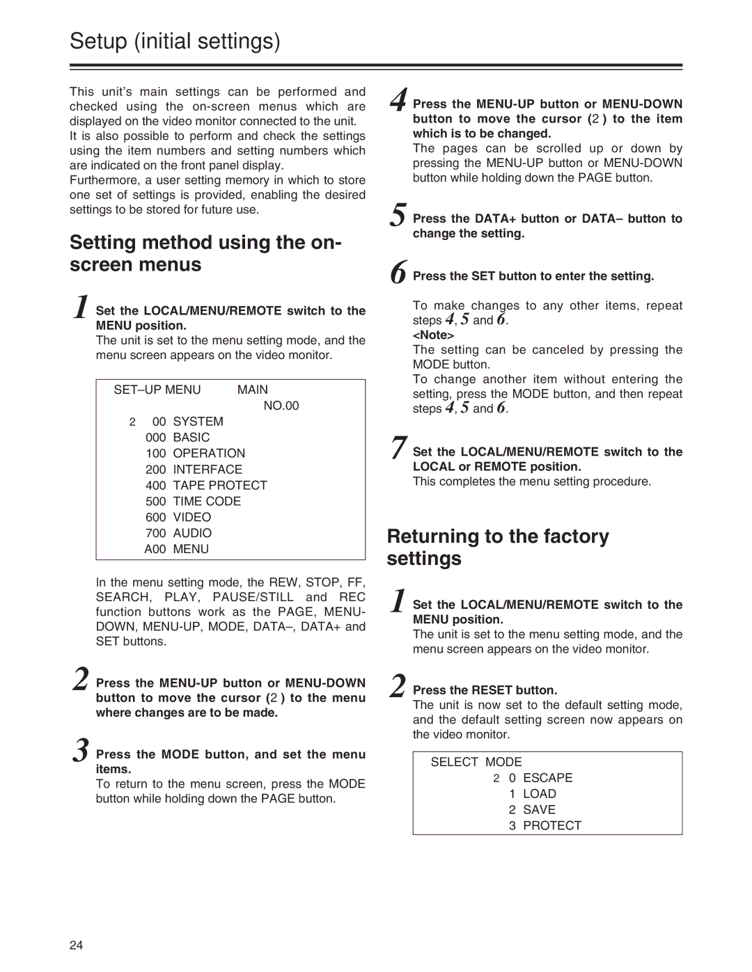 Panasonic AJ-HD1200A Setup initial settings, Setting method using the on- screen menus, Returning to the factory settings 