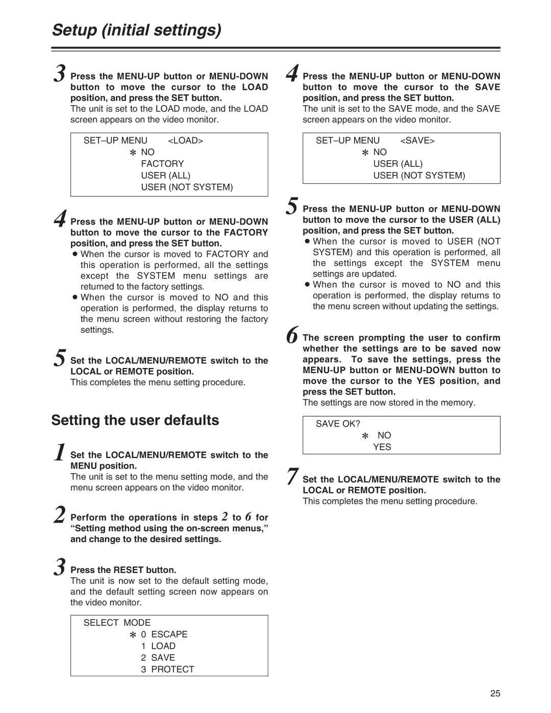 Panasonic AJ-HD1200A operating instructions Setting the user defaults 