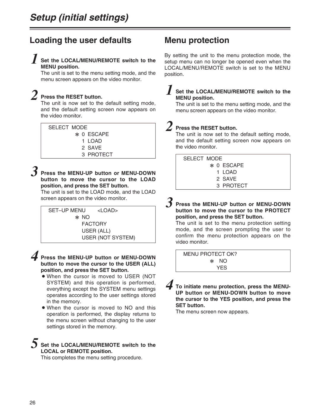 Panasonic AJ-HD1200A operating instructions Loading the user defaults, Menu protection 