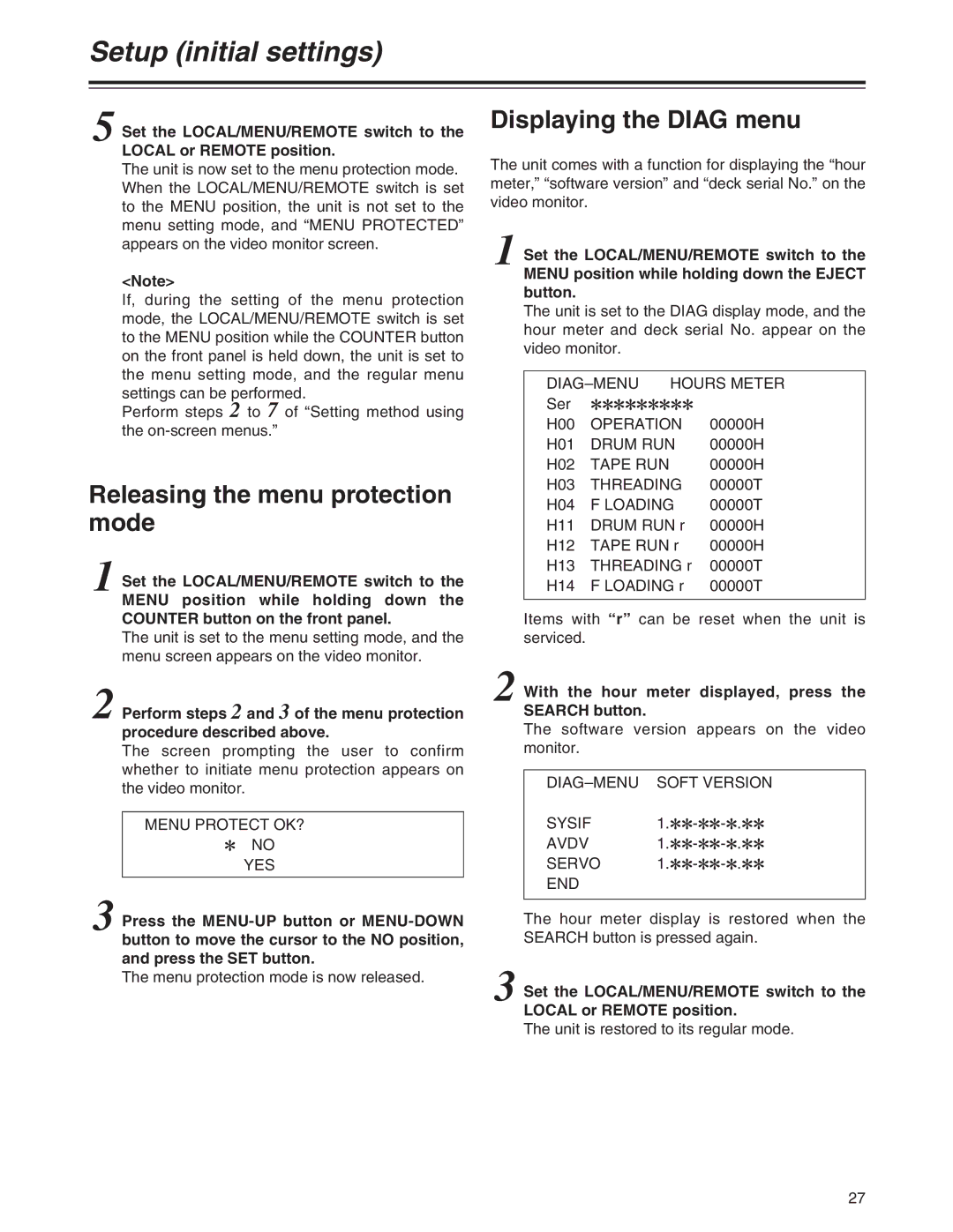 Panasonic AJ-HD1200A operating instructions Releasing the menu protection mode, Displaying the Diag menu 