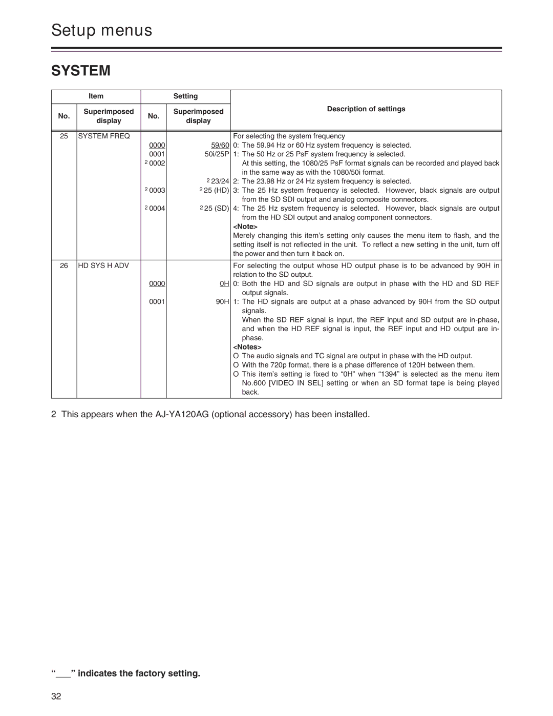 Panasonic AJ-HD1200A operating instructions Setting Description of settings, System Freq, Hd Sys H Adv 