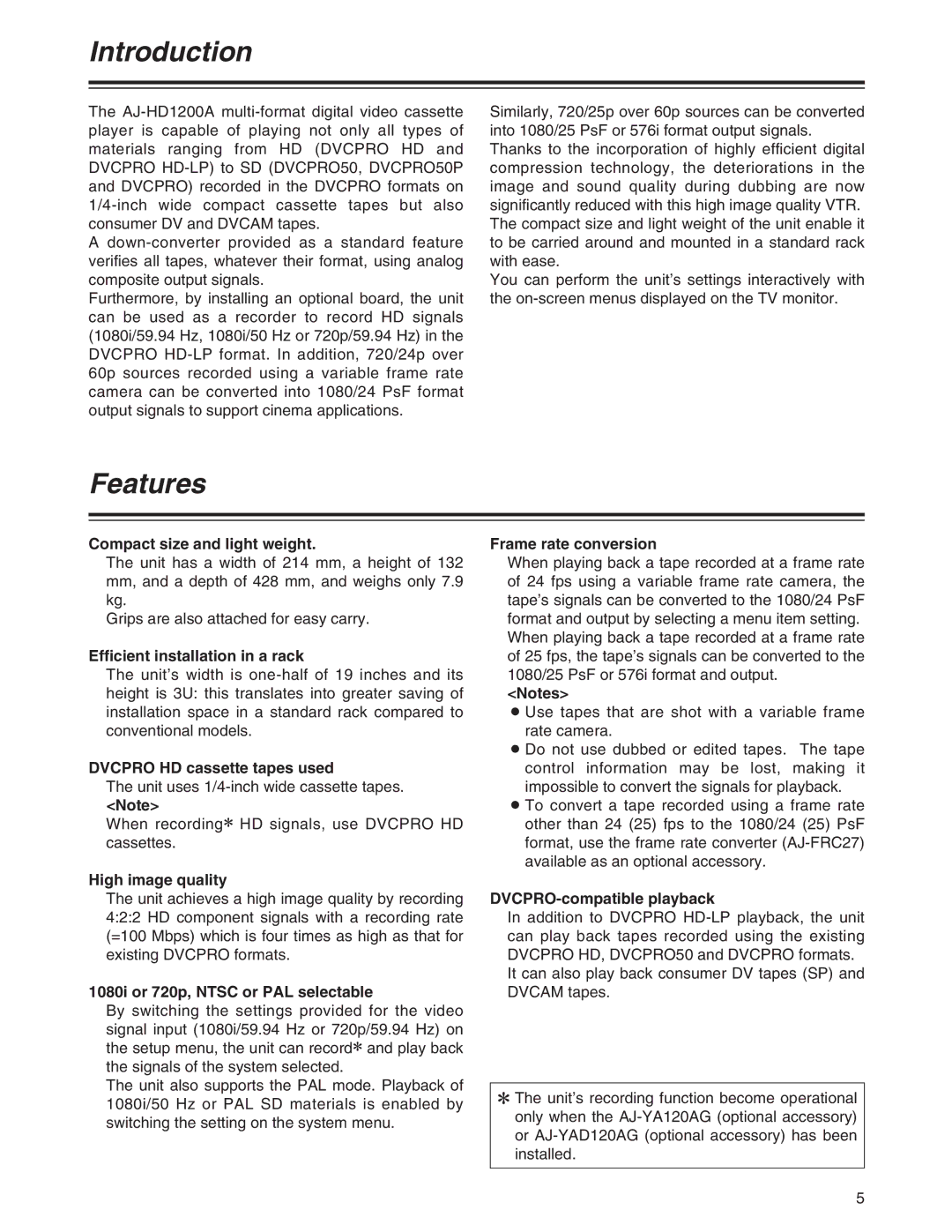 Panasonic AJ-HD1200A operating instructions Introduction, Features 