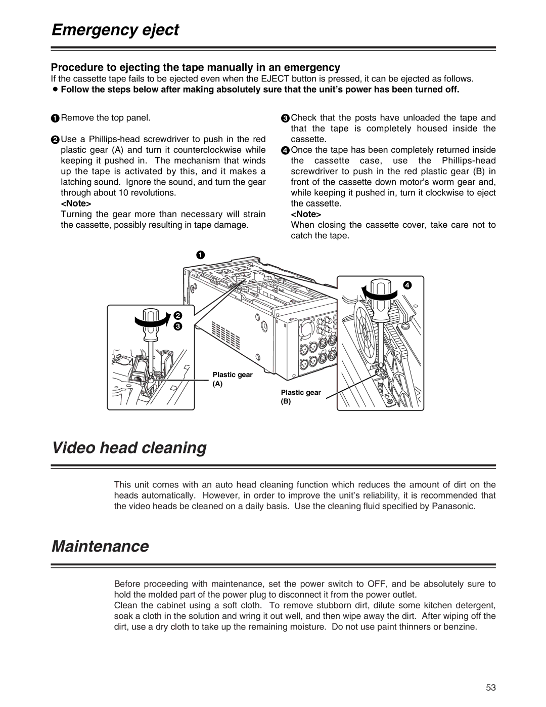 Panasonic AJ-HD1200A operating instructions Emergency eject, Video head cleaning, Maintenance, Plastic gear 