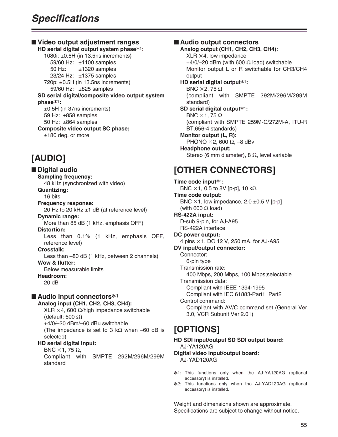 Panasonic AJ-HD1200A operating instructions Other Connectors, Options 